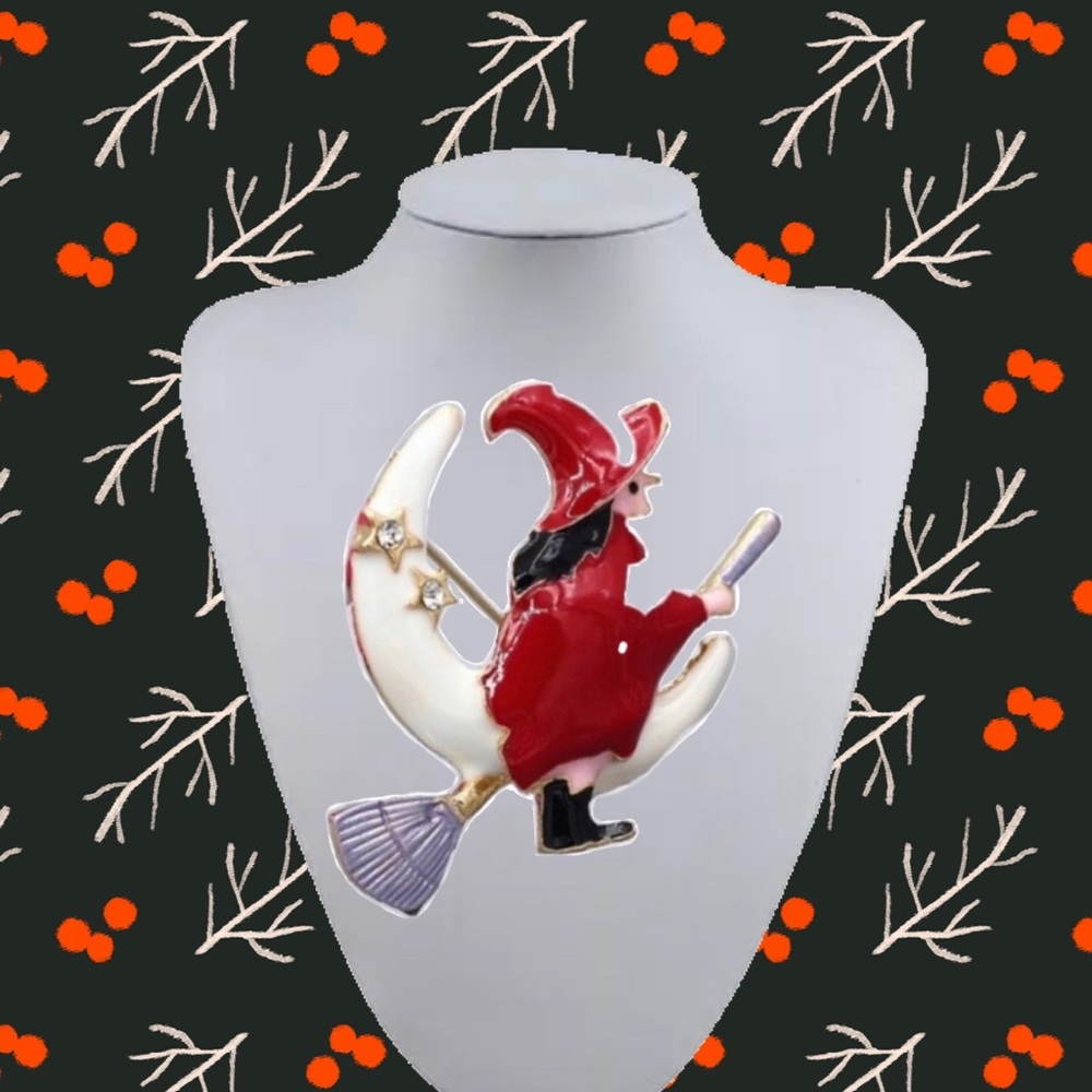 MOON STARS WITCH ON BROOM BROOCH